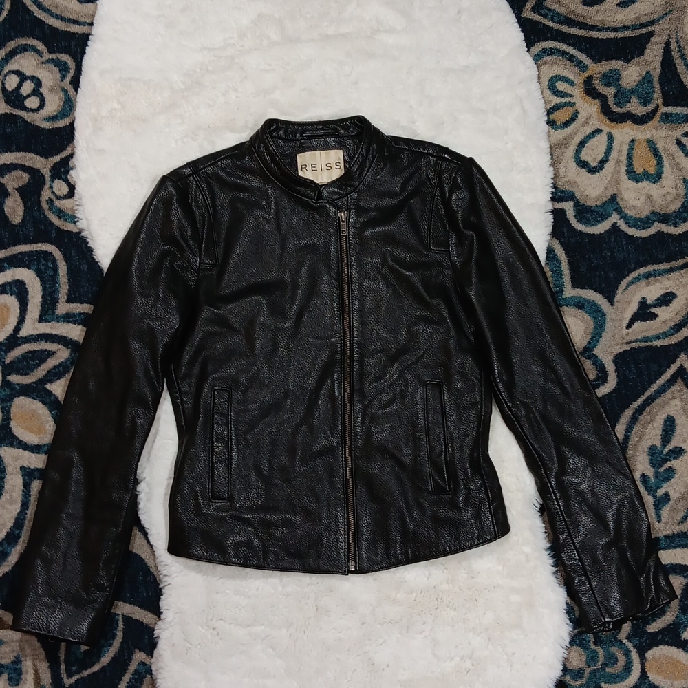 Reiss black leather moto classic biker jacket women's sz small - Picture 2 of 13